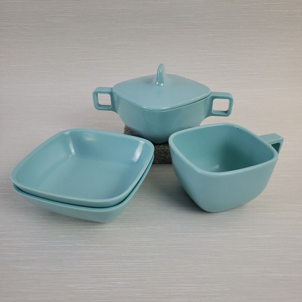 Vintage Brookpark Modern Design Melmac Sugar Bowl Berry Bowl Cup Turquoise Blue